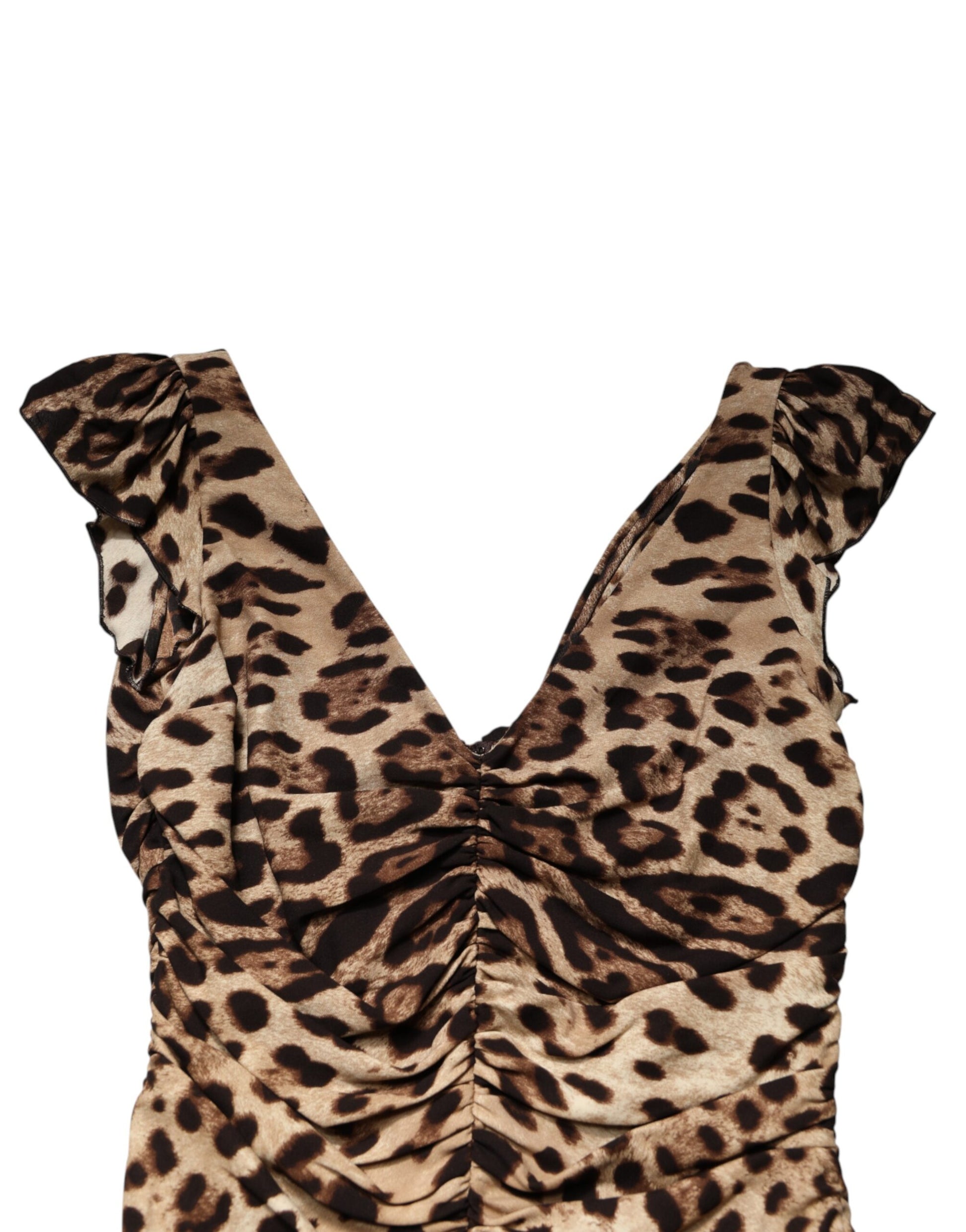 Close-up detail of Dolce & Gabbana leopard print sleeveless sheath dress by KILAUE
