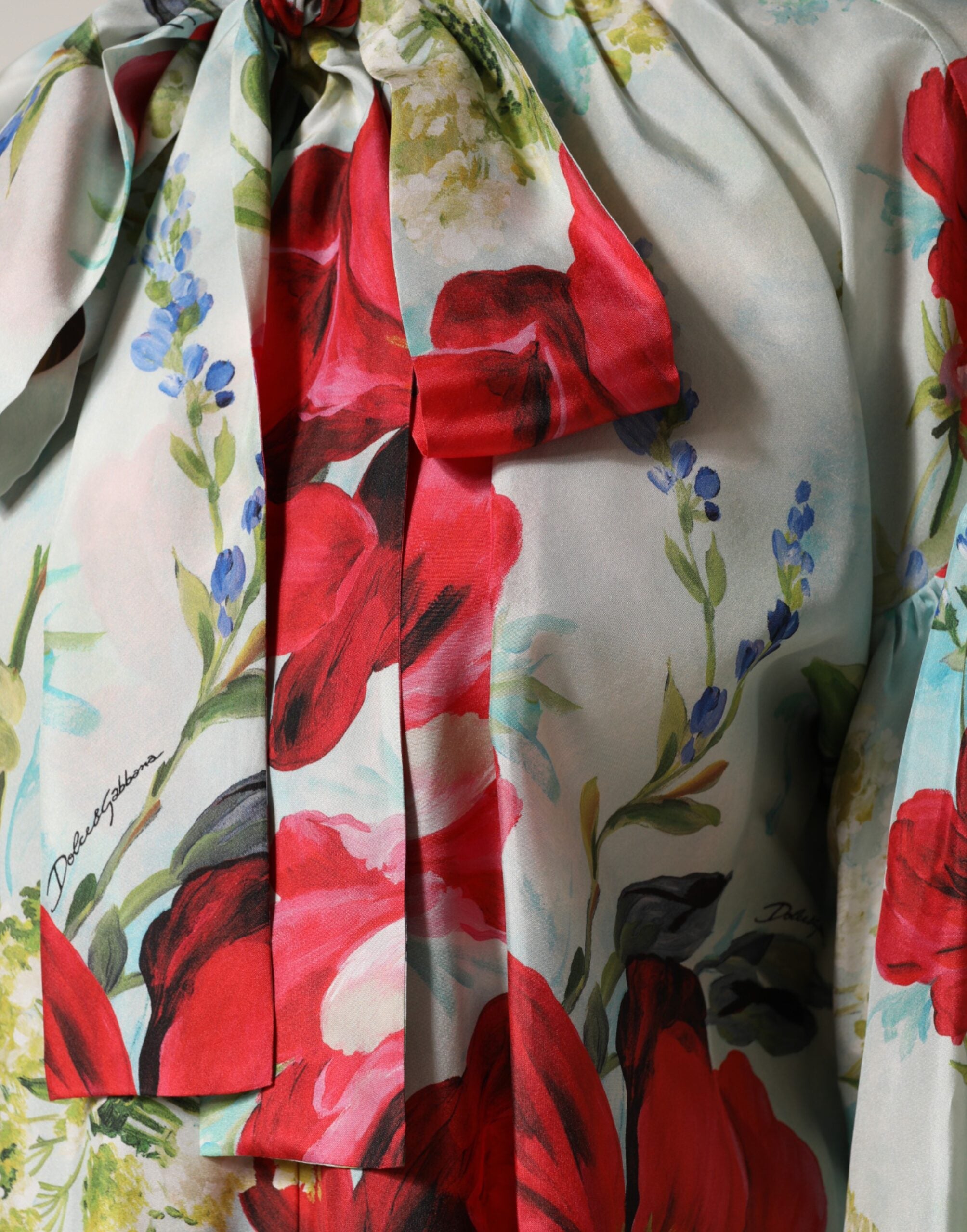 Back view of Dolce & Gabbana multicolor floral silk long sleeve blouse by KILAUE
