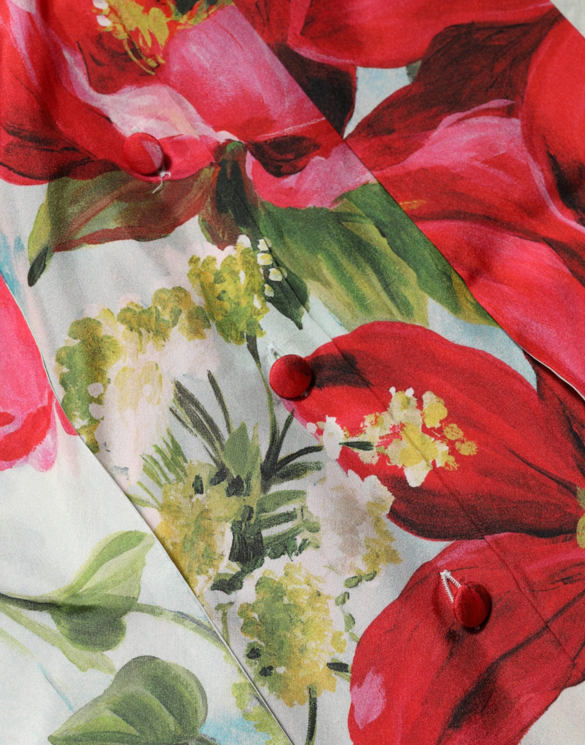 Close-up detail of Dolce & Gabbana multicolor floral silk long sleeve blouse by KILAUE
