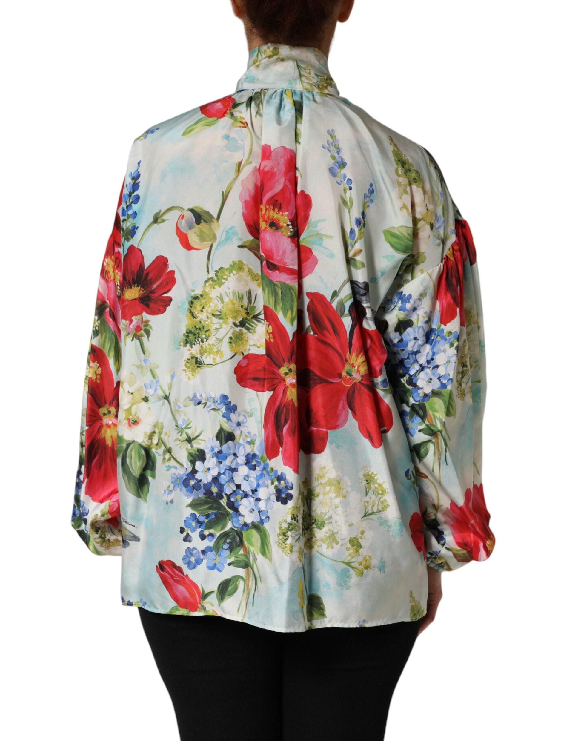 Front view of Dolce & Gabbana multicolor floral silk long sleeve blouse by KILAUE
