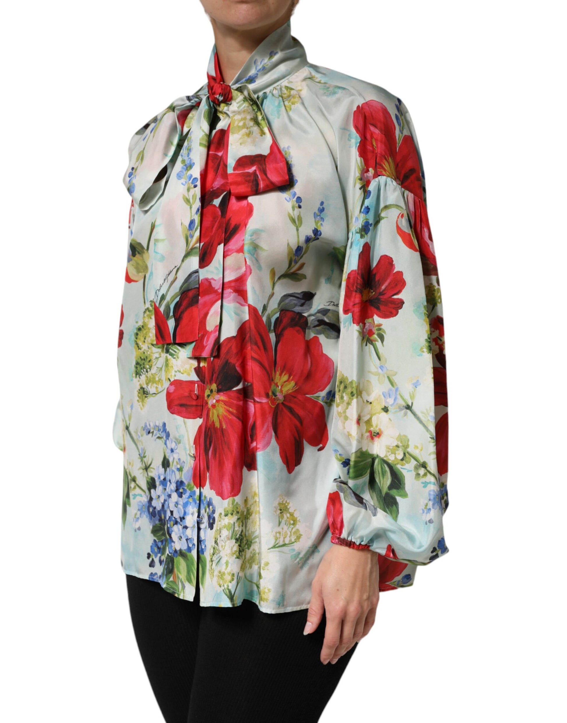 Front view of Dolce & Gabbana multicolor floral silk long