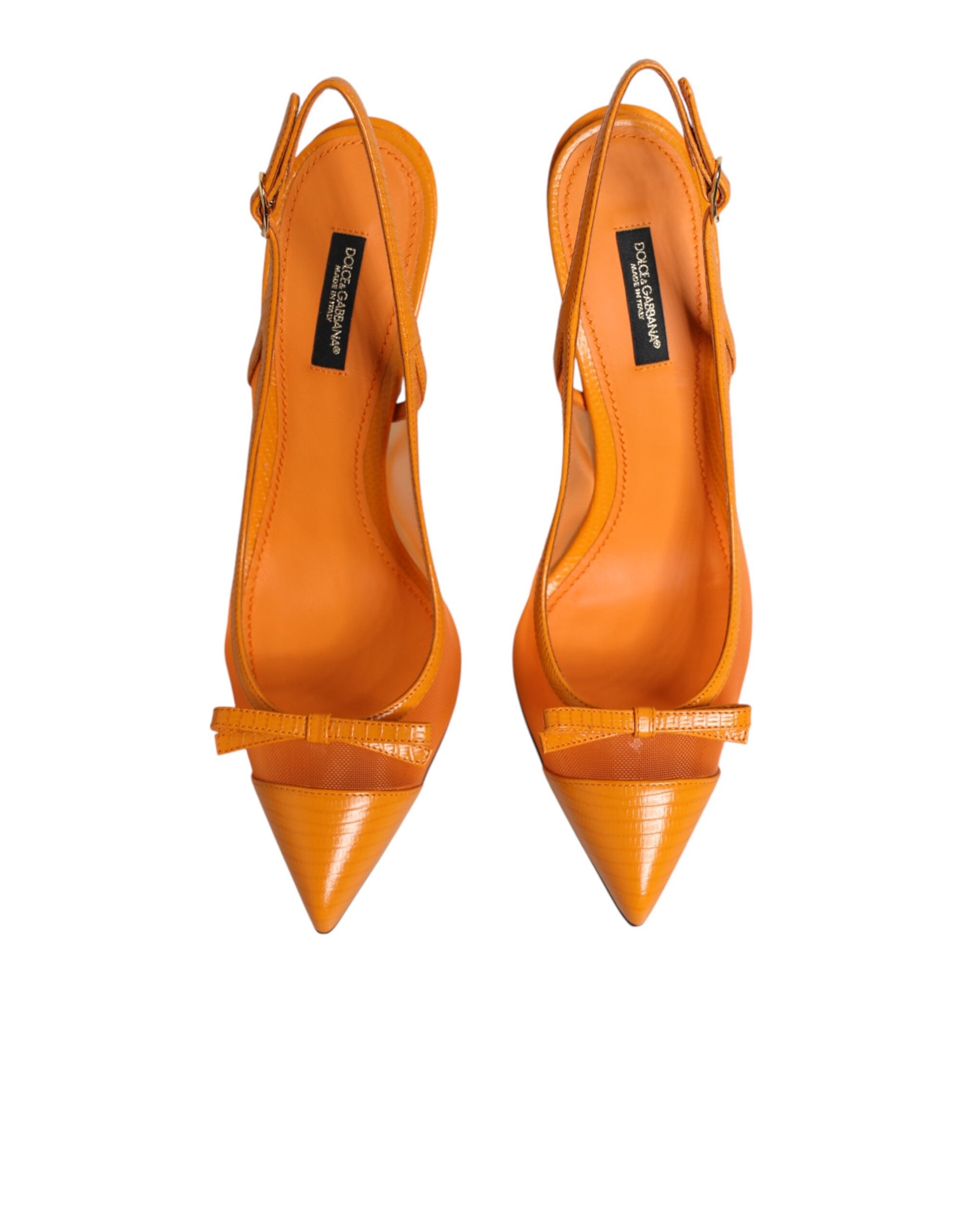 Angle view of Dolce & Gabbana orange leather mesh slingback heels by KILAUE
