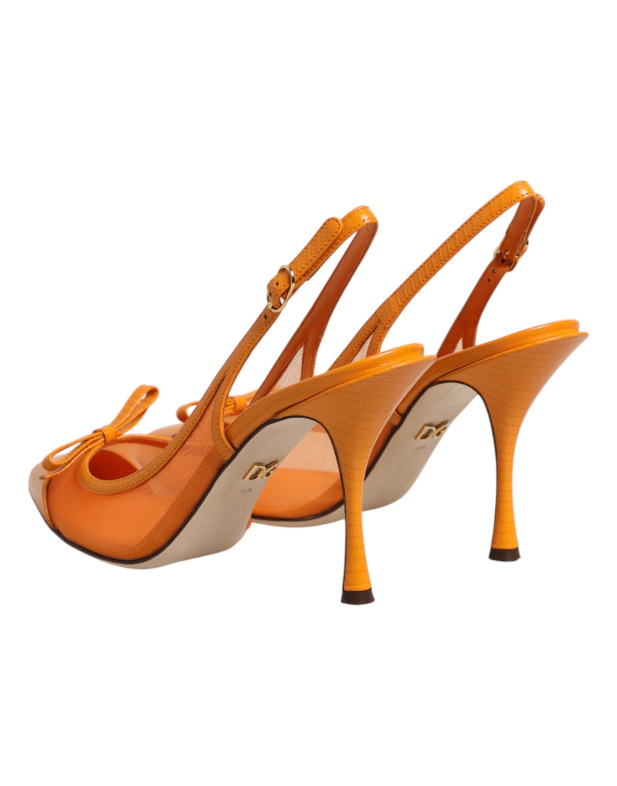 Back view of Dolce & Gabbana orange leather mesh slingback heels by KILAUE
