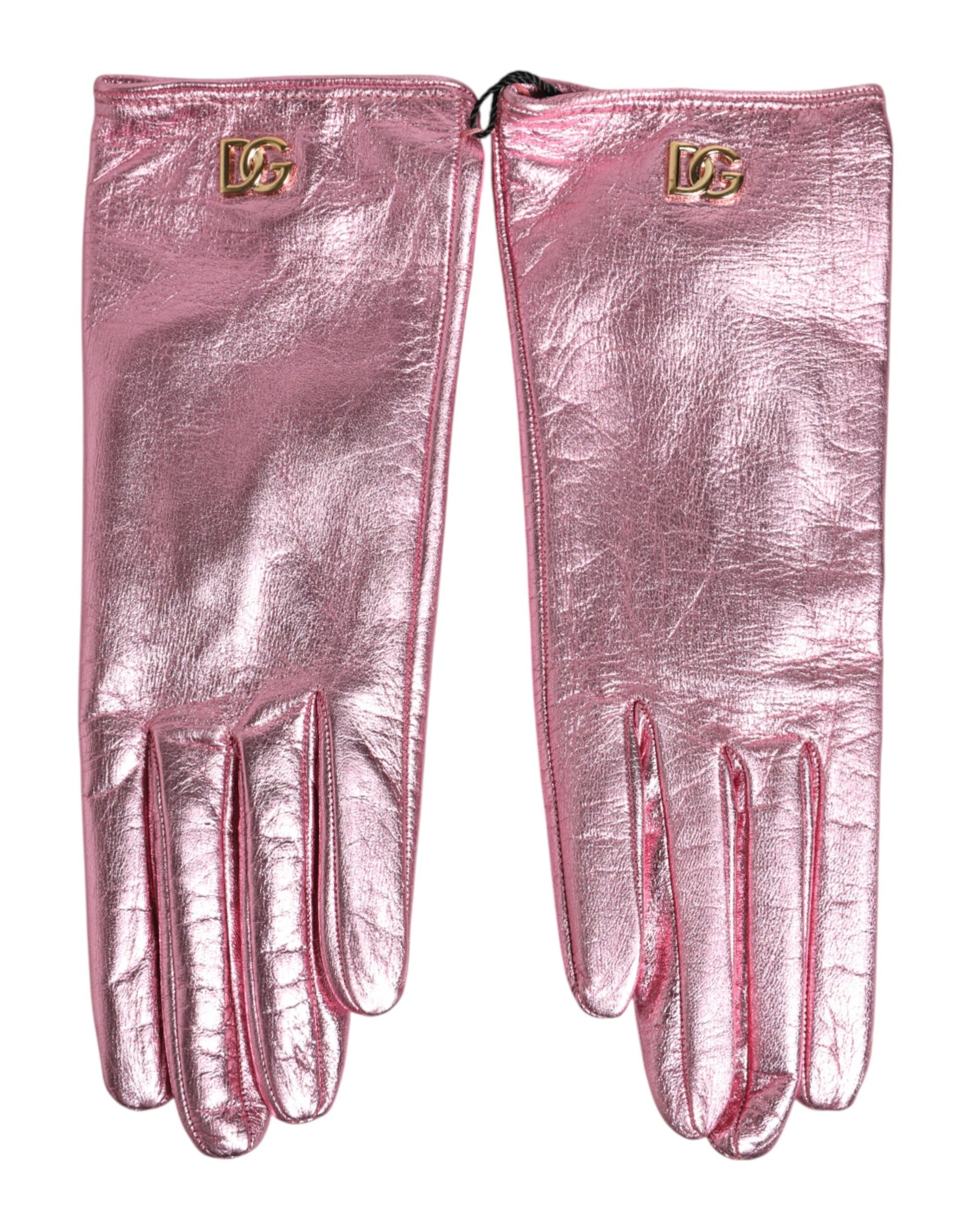 Front view of Dolce & Gabbana pink leather DG logo wrist-length mittens by KILAUE
