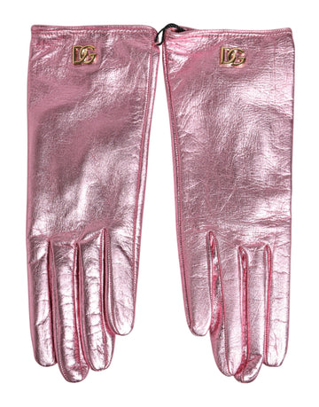 Dolce & Gabbana pink leather DG logo wrist-length mittens by KILAUE
