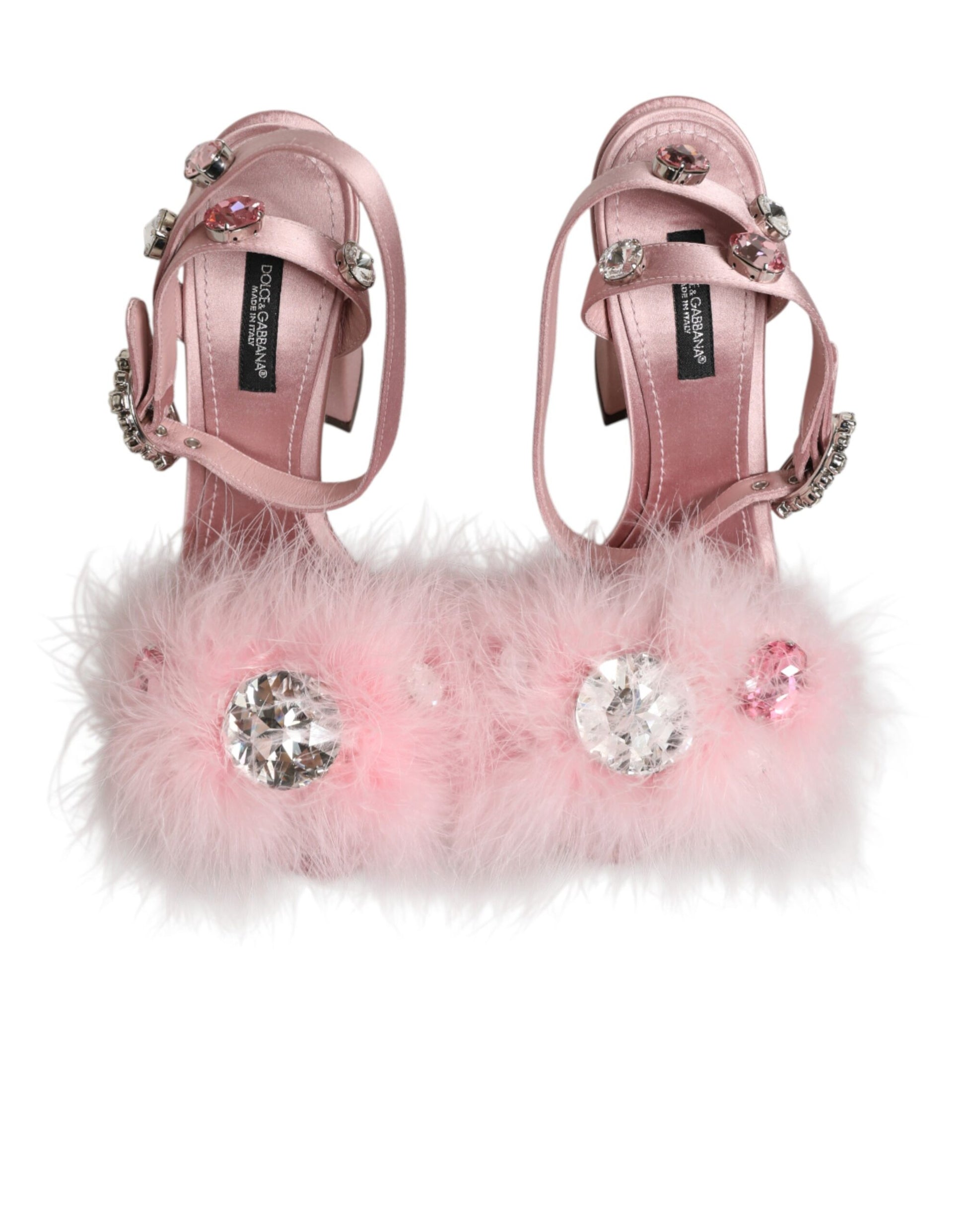 Front view of Dolce & Gabbana pink sequined ankle strap sandals by KILAUE
