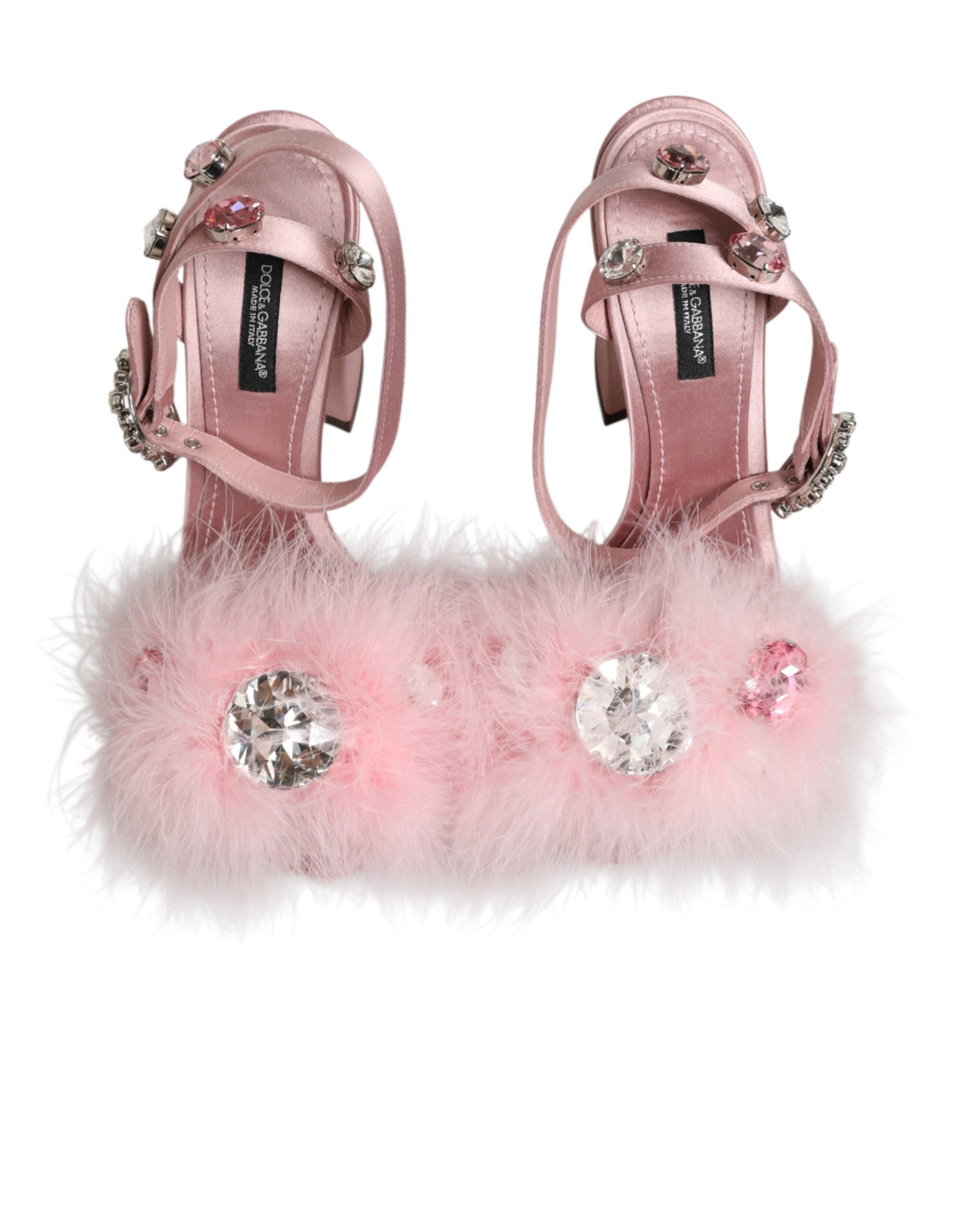 Front view of Dolce & Gabbana pink sequined ankle strap sandals by KILAUE
