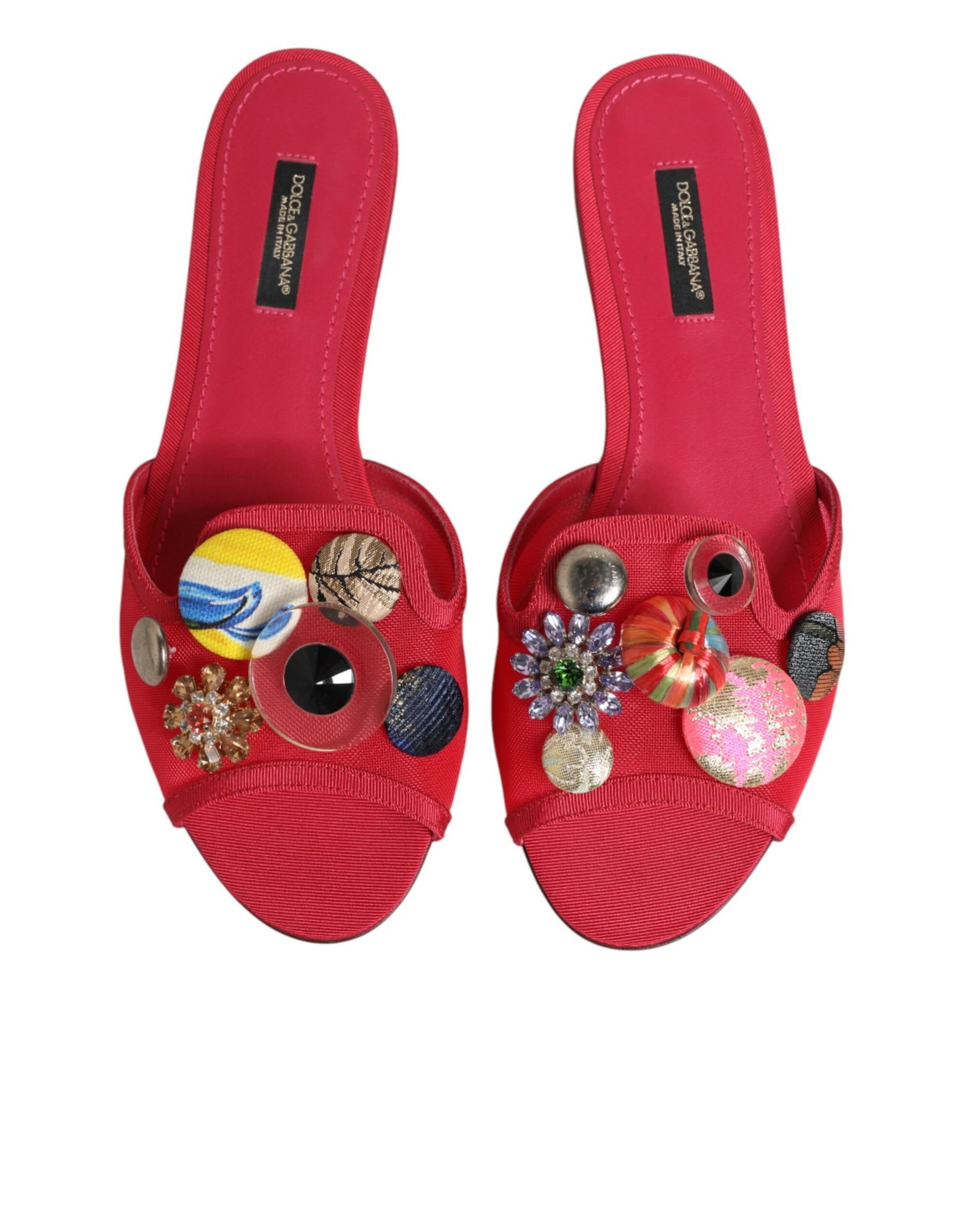 Front view of Dolce & Gabbana red embellished slip-on flats by KILAUE
