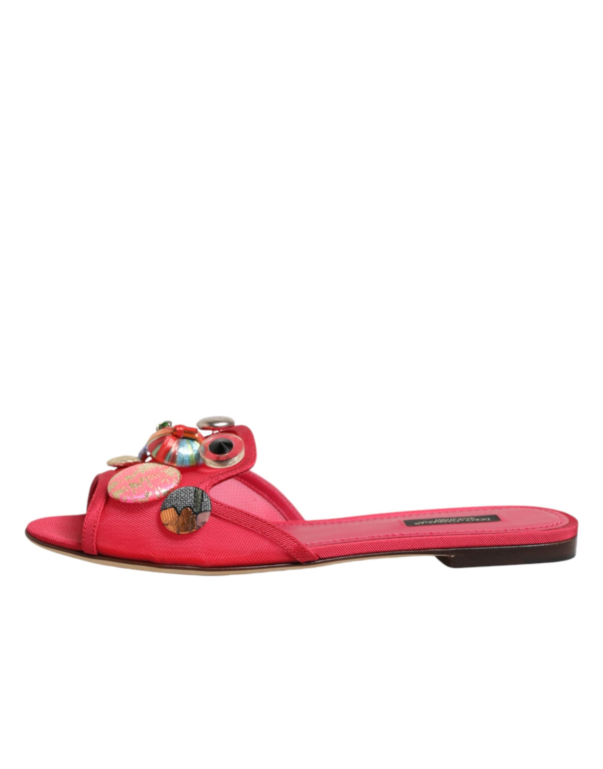 Model wearing Dolce & Gabbana red embellished slip-on flats by KILAUE

