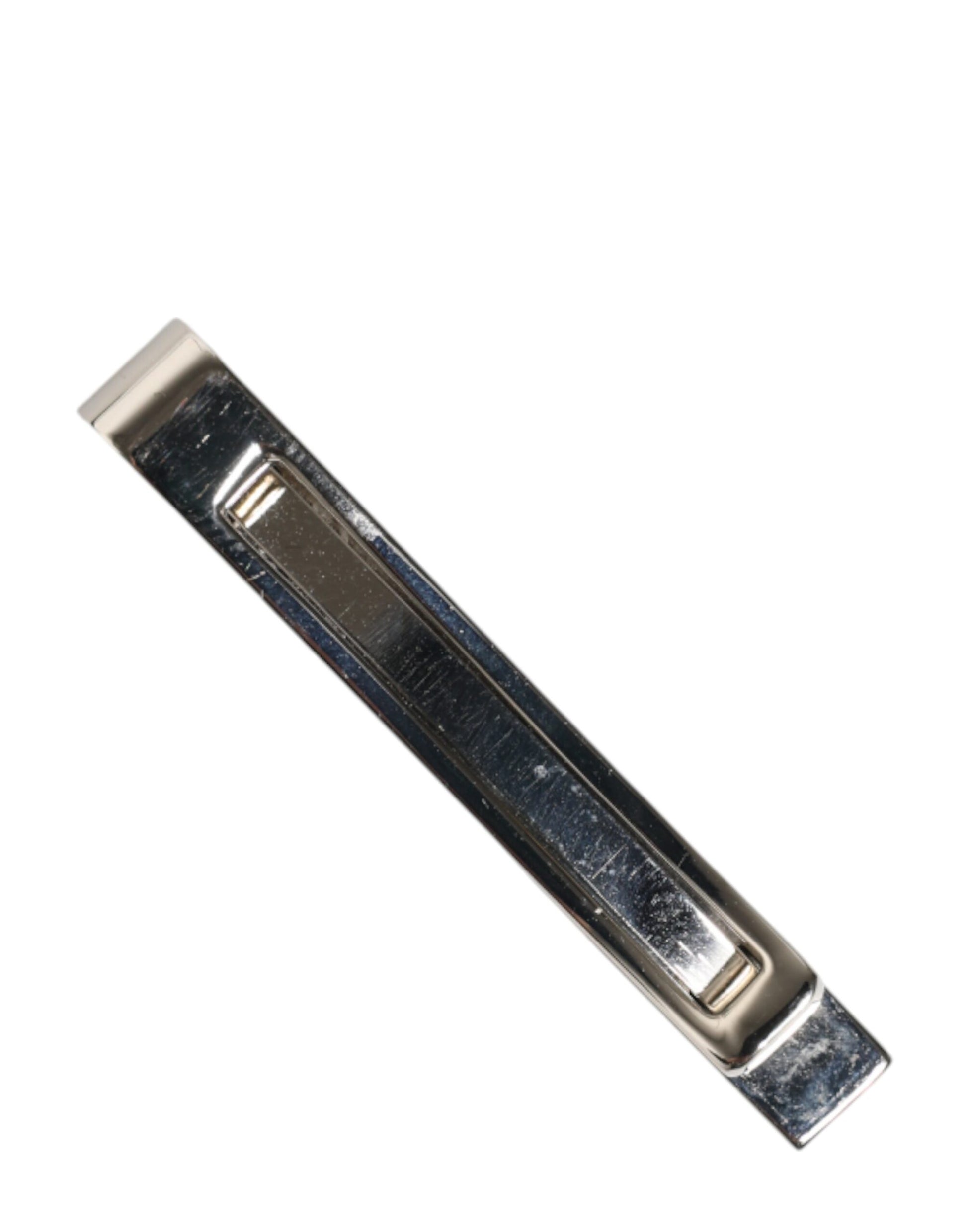 Front view of Dolce & Gabbana silver logo engraved tie clip