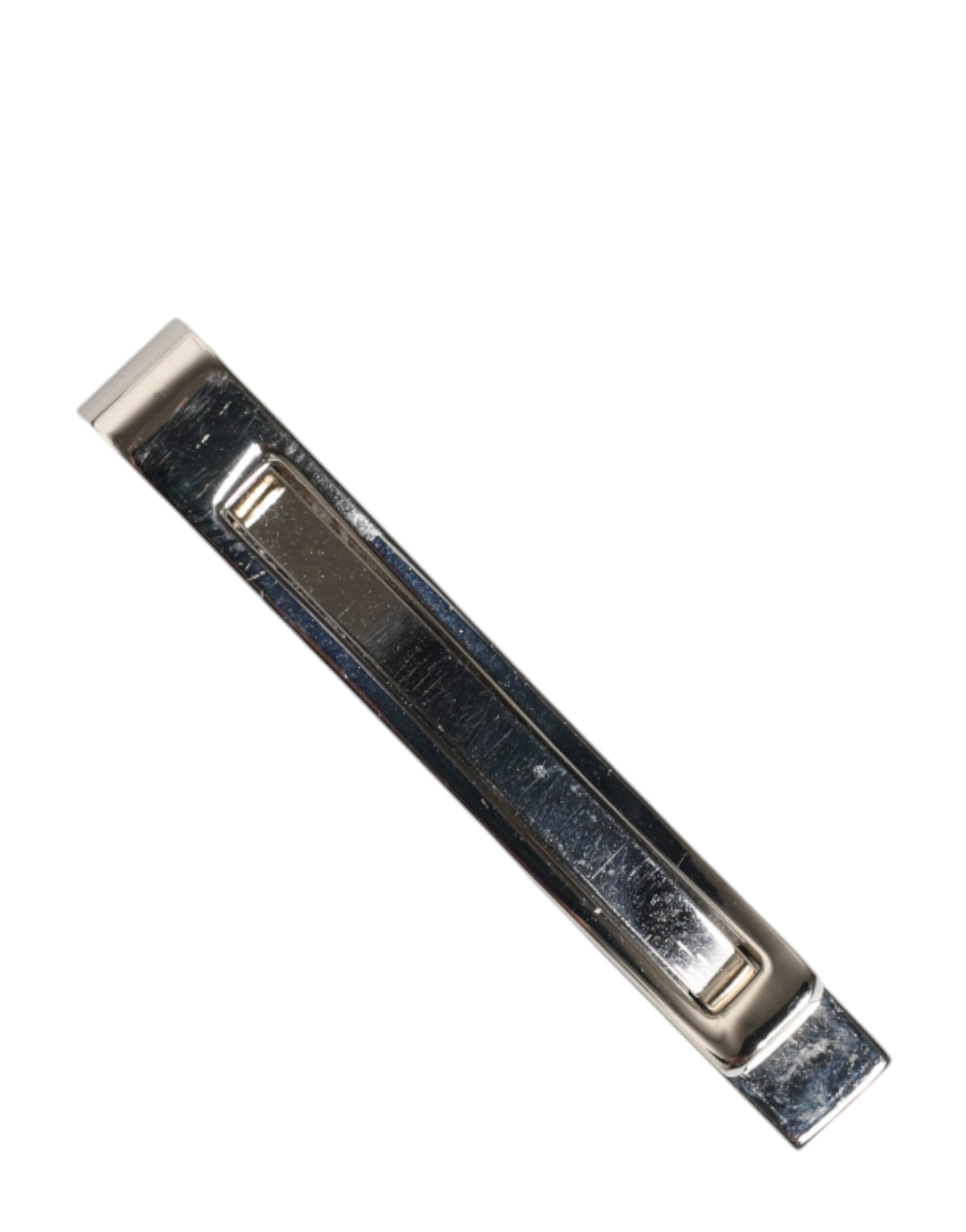 Front view of Dolce & Gabbana silver logo engraved tie clip
