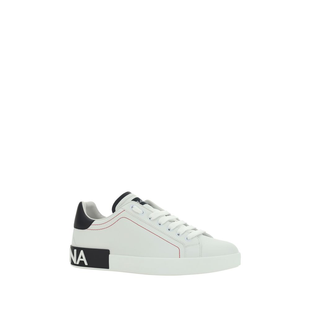 Front view of Dolce & Gabbana white calfskin Portofino sneakers by KILAUE
