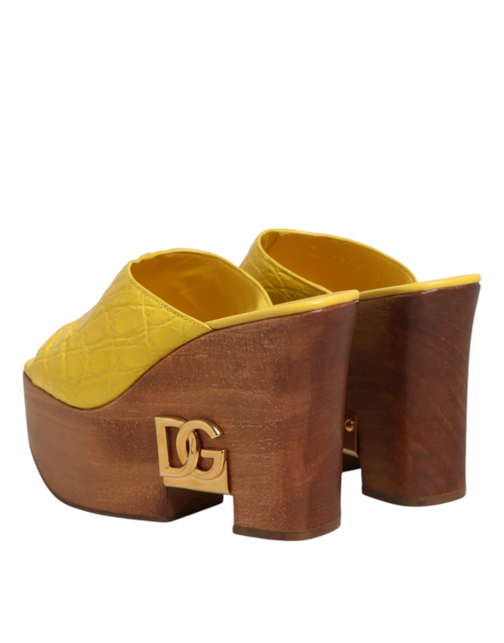 Back view of Dolce & Gabbana yellow leather wood wedge mules by KILAUE
