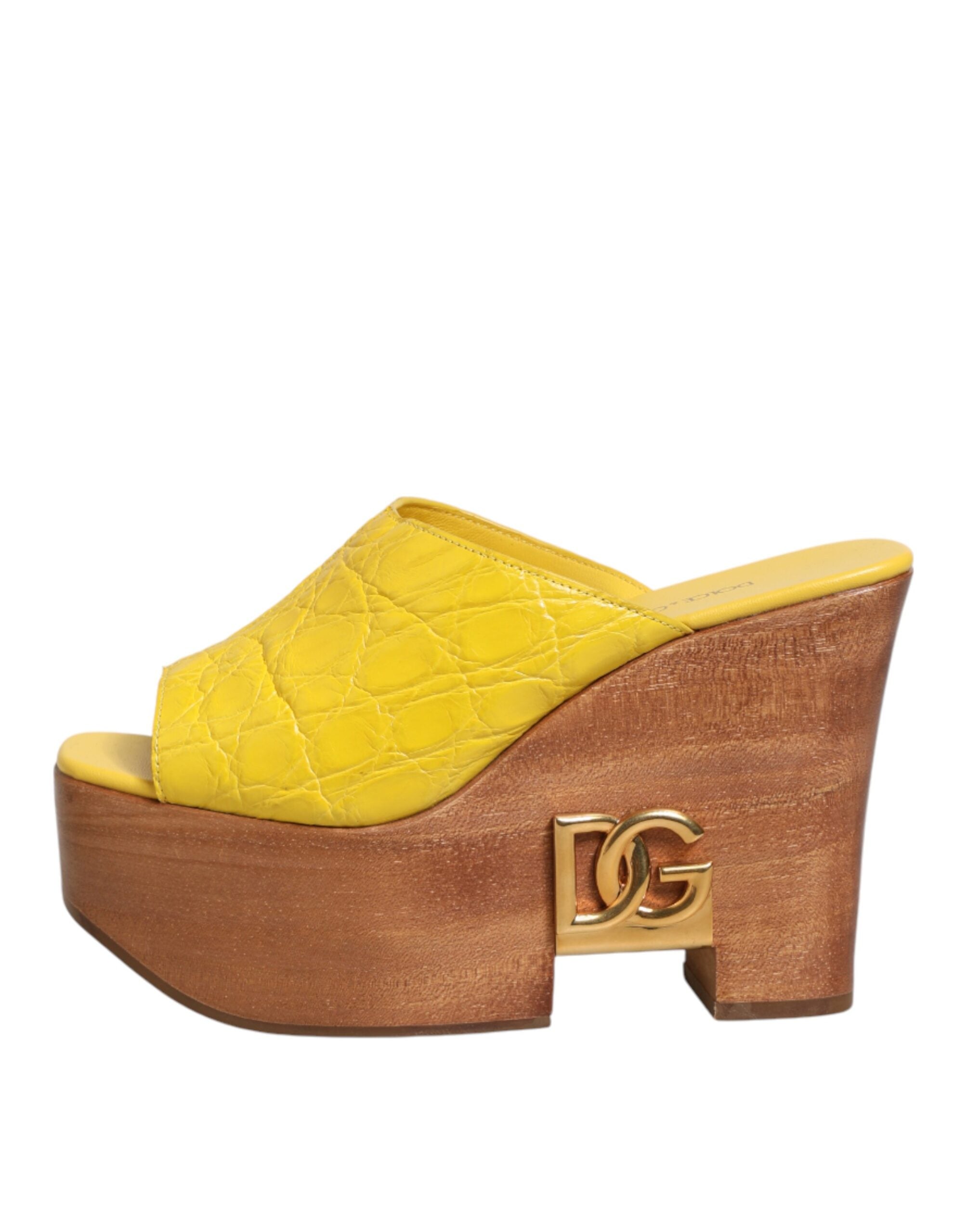 Model wearing Dolce & Gabbana yellow leather wood wedge mules by KILAUE
