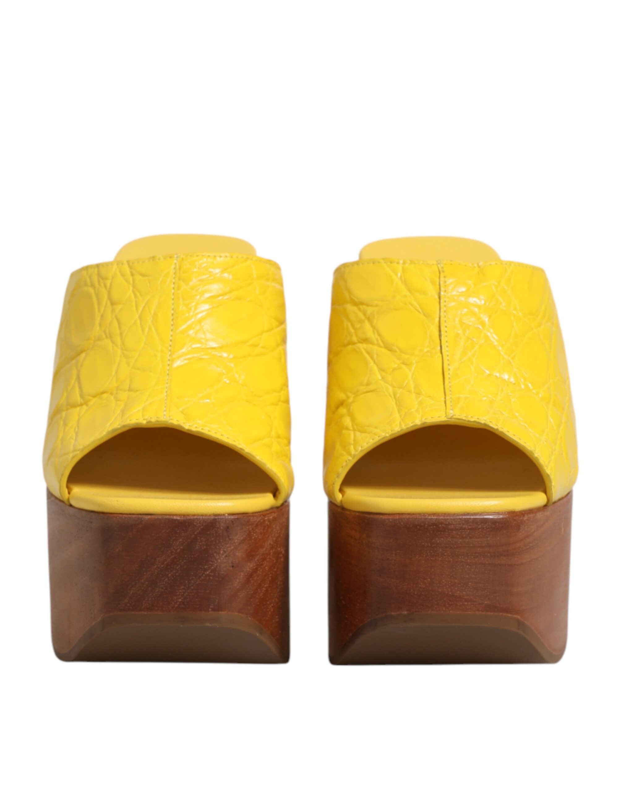 Front view of Dolce & Gabbana yellow leather wood wedge