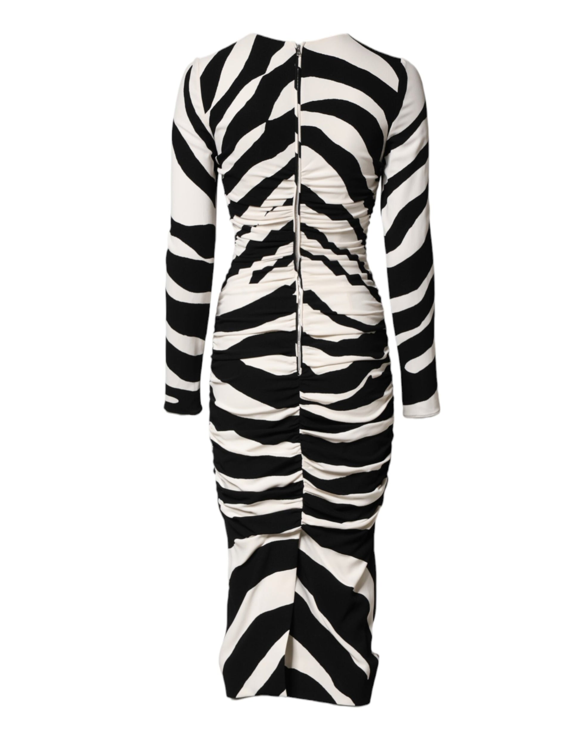 Close‑up detail of Dolce & Gabbana zebra print silk blend sheath midi dress by KILAUE
