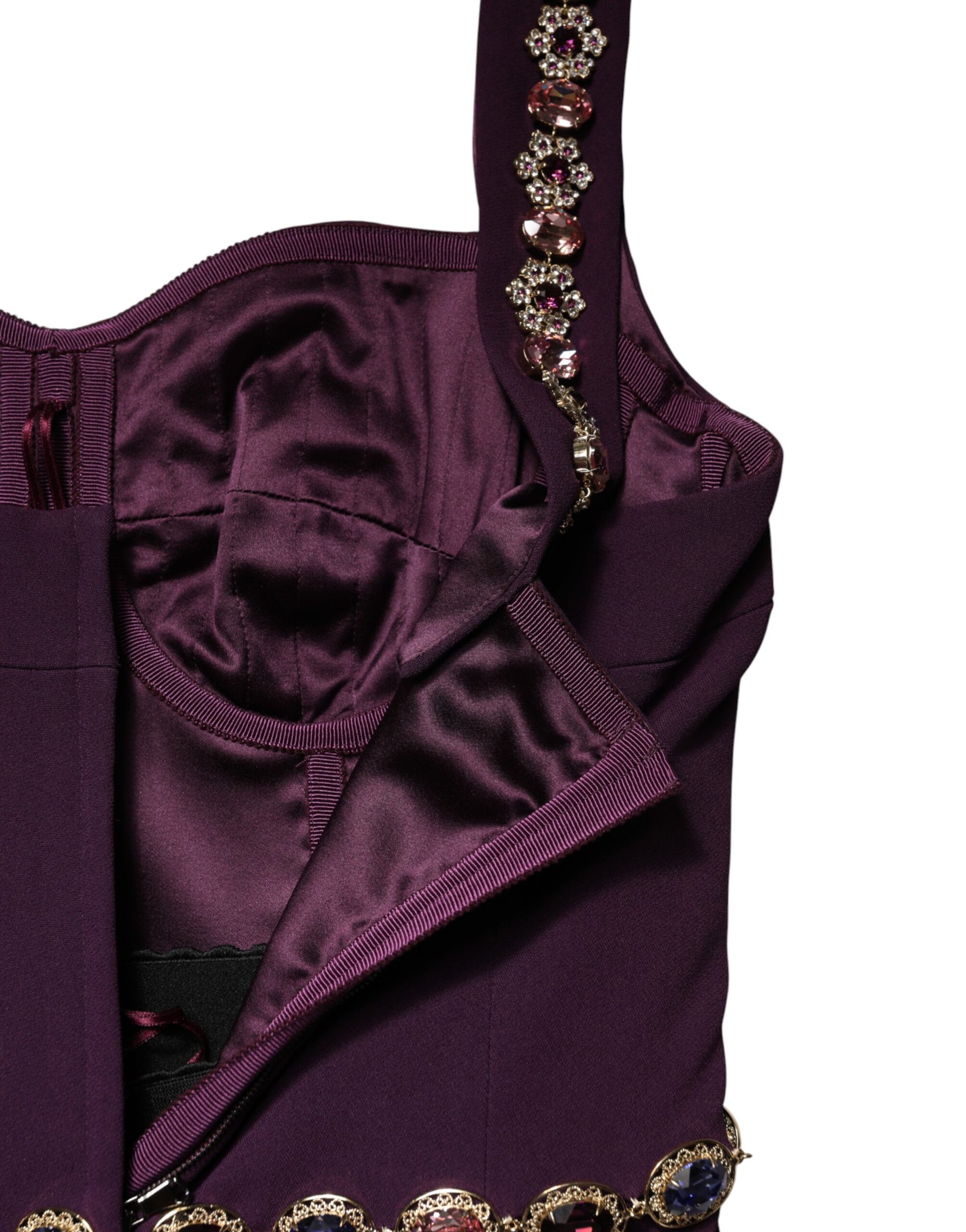 Close-up of violet embellished evening gown