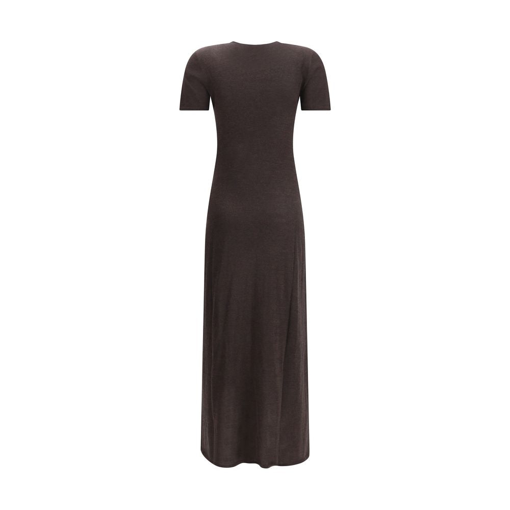 Side view of Ferragamo brown fleece wool long dress