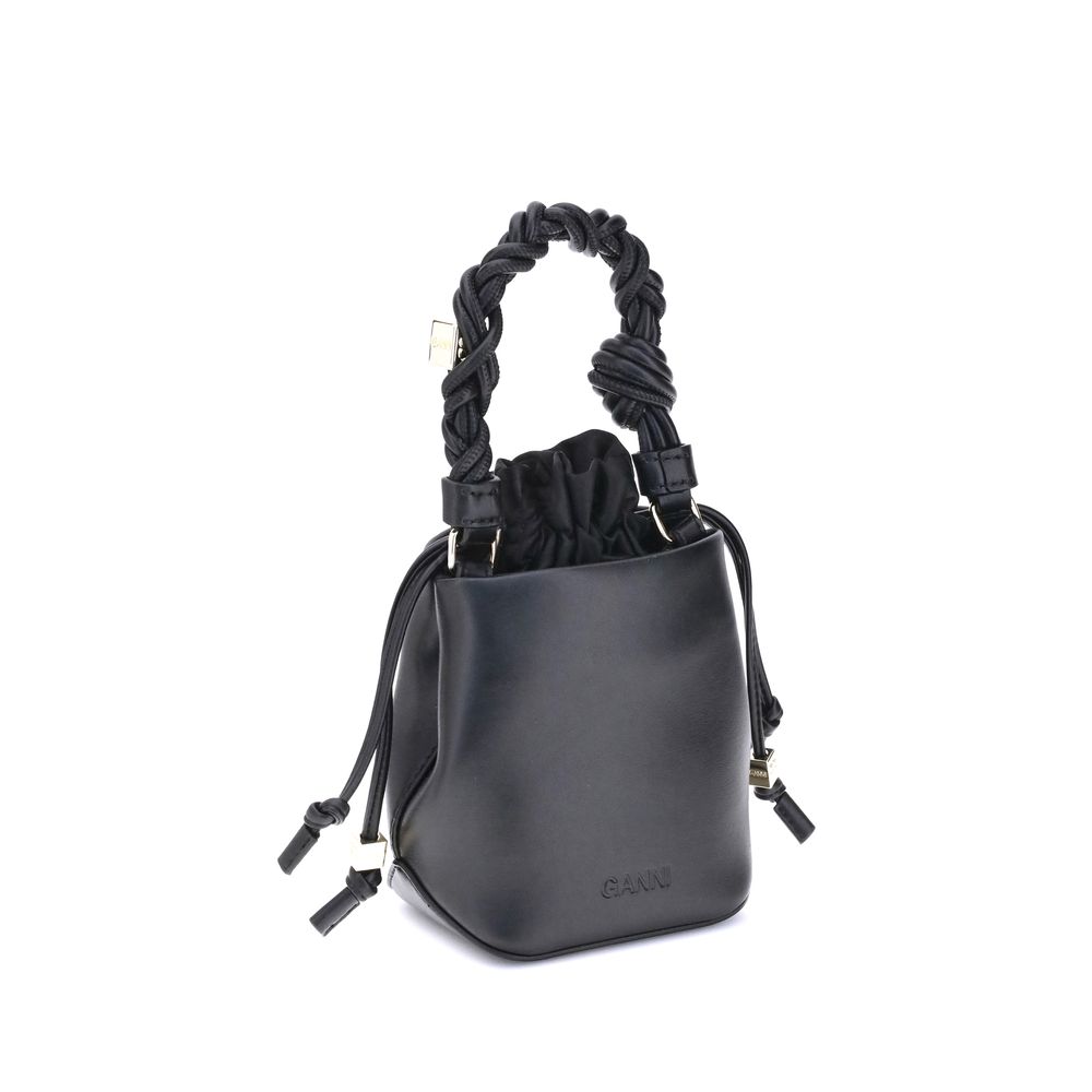 Back view of Ganni Bou mini bucket recycled leather handbag black