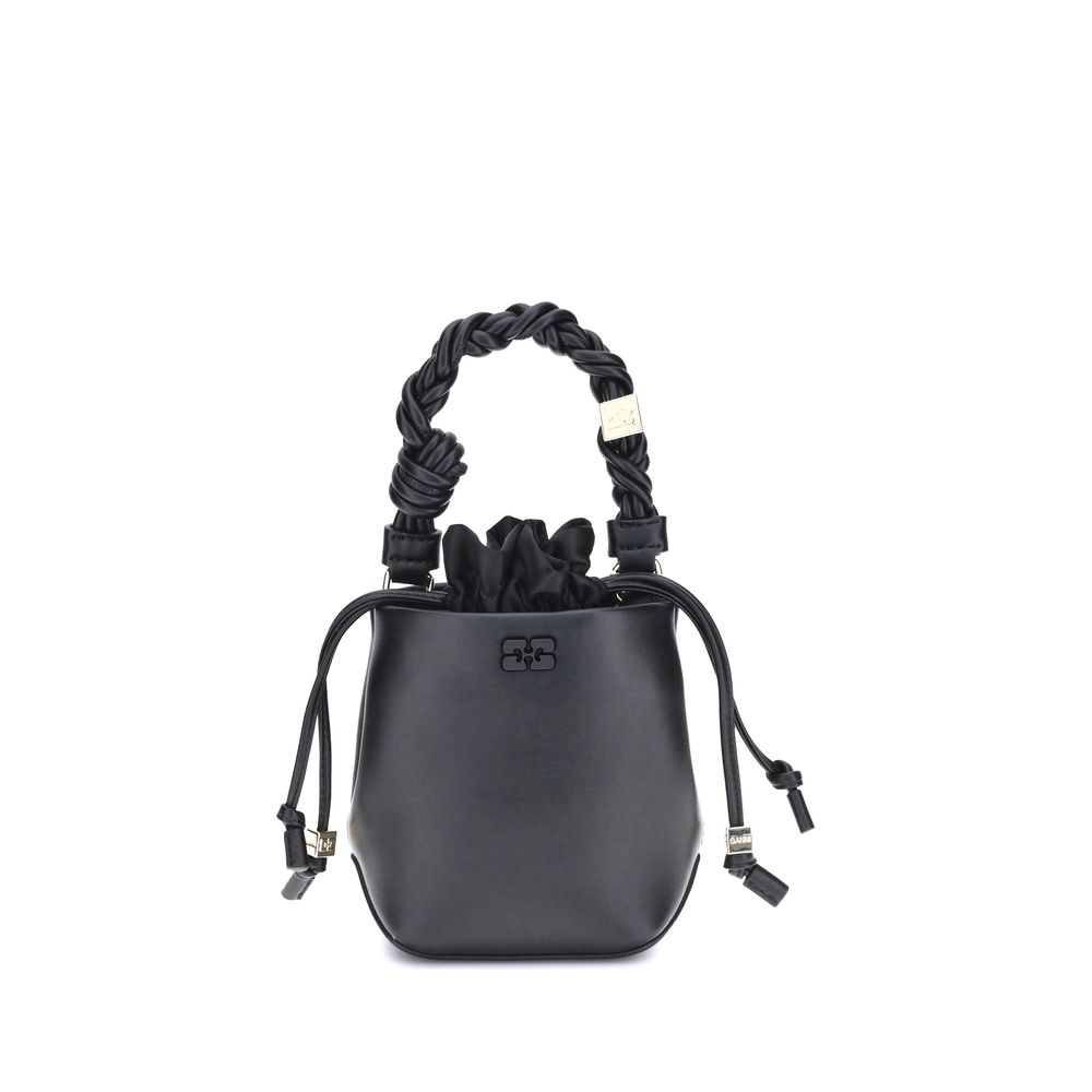 Front view of Ganni Bou mini bucket recycled leather handbag black