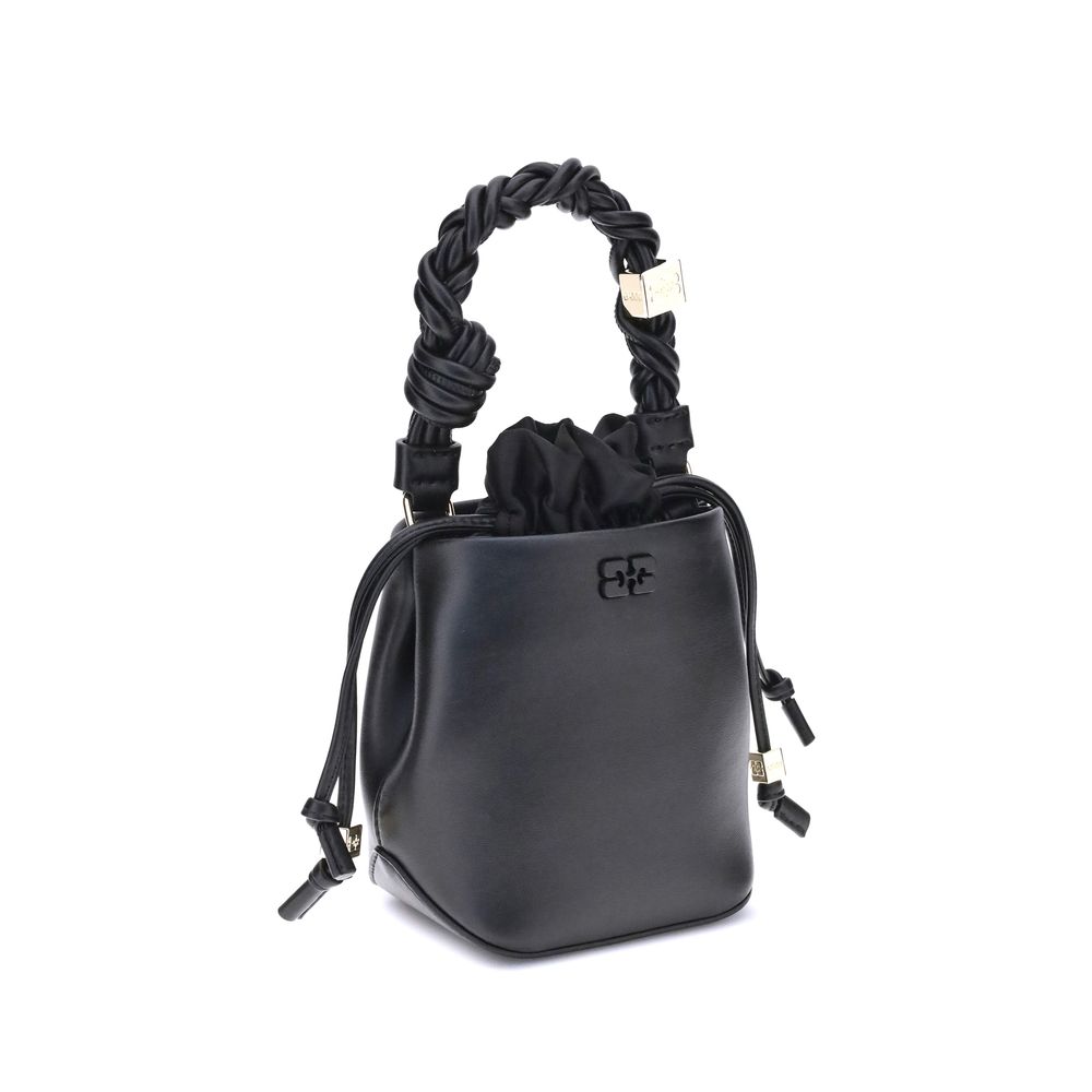 Side view of Ganni Bou mini bucket recycled leather handbag black