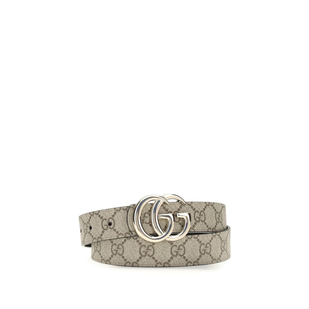 Front view of Gucci GG Marmont reversible slim belt in beige Supreme canvas