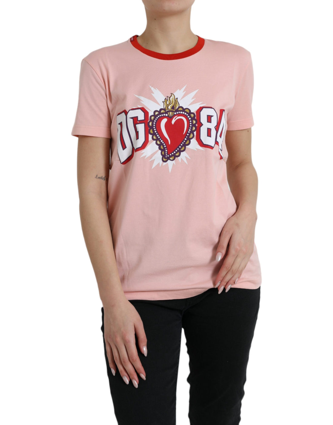 Pink graphic print cotton crew neck t‑shirt for women