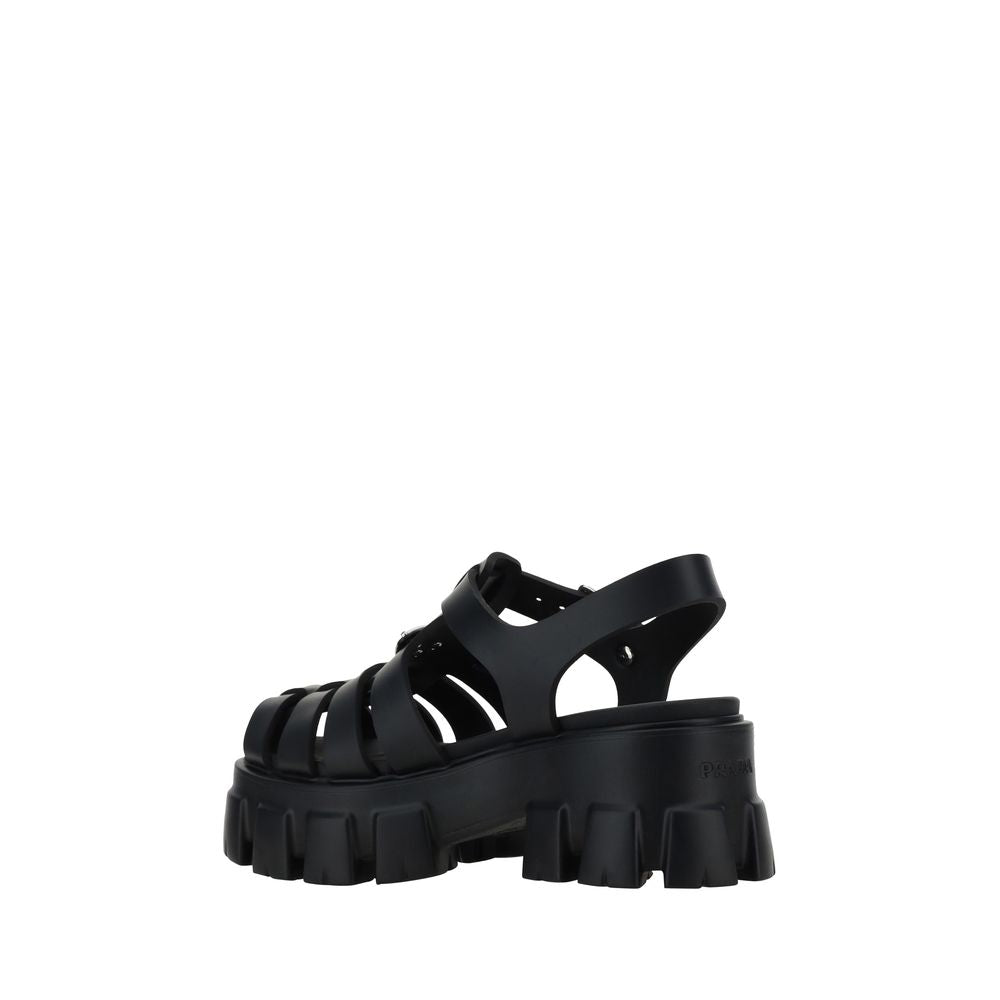 Back view of Prada black caged platform sandals