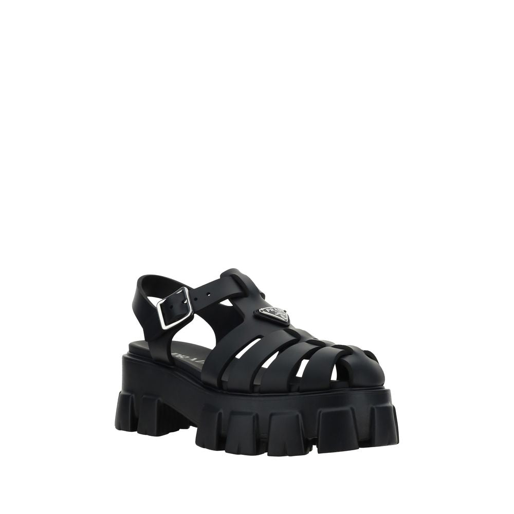 Side view of Prada black caged platform sandals
