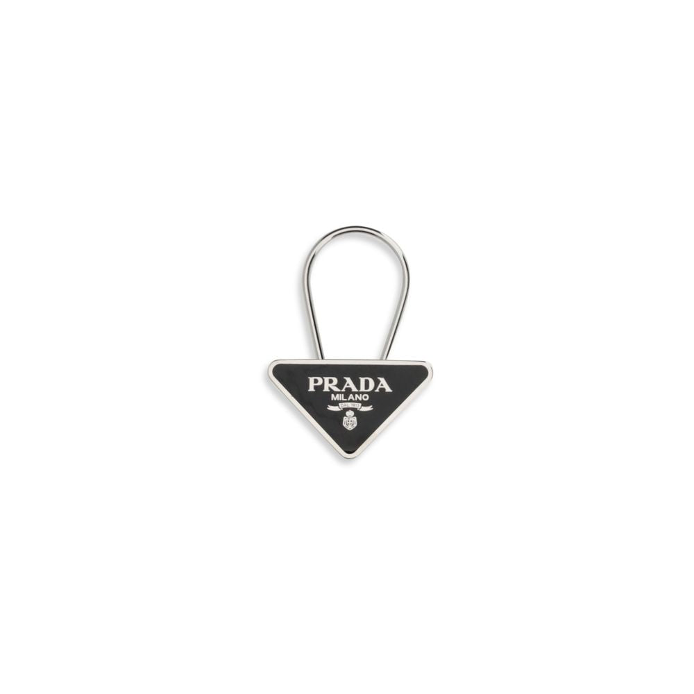 Prada black enameled triangle logo keychain luxury metal key ring