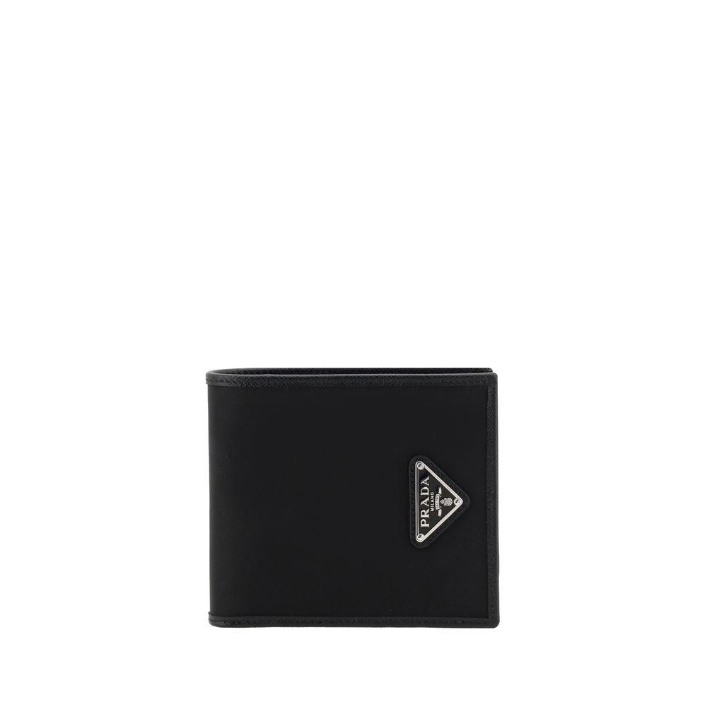 Front view of Prada black Re-Nylon bifold wallet with triangle logo