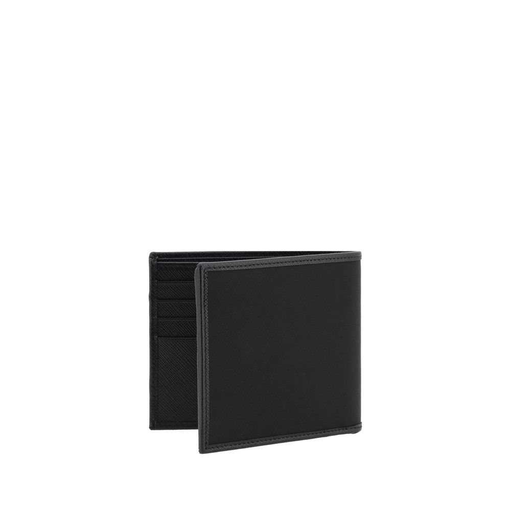 Front view of Prada black Re-Nylon bifold wallet with triangle logo