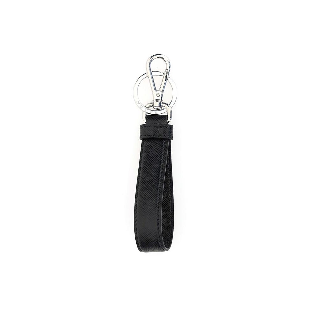 Front view of Prada black Saffiano leather keychain with triangle logo