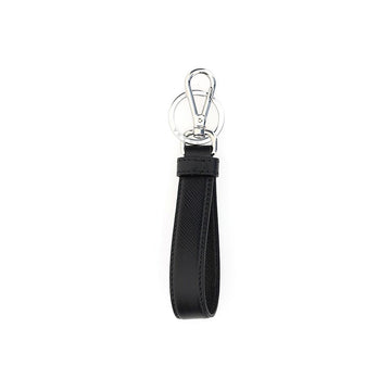 Front view of Prada black Saffiano leather keychain with triangle logo