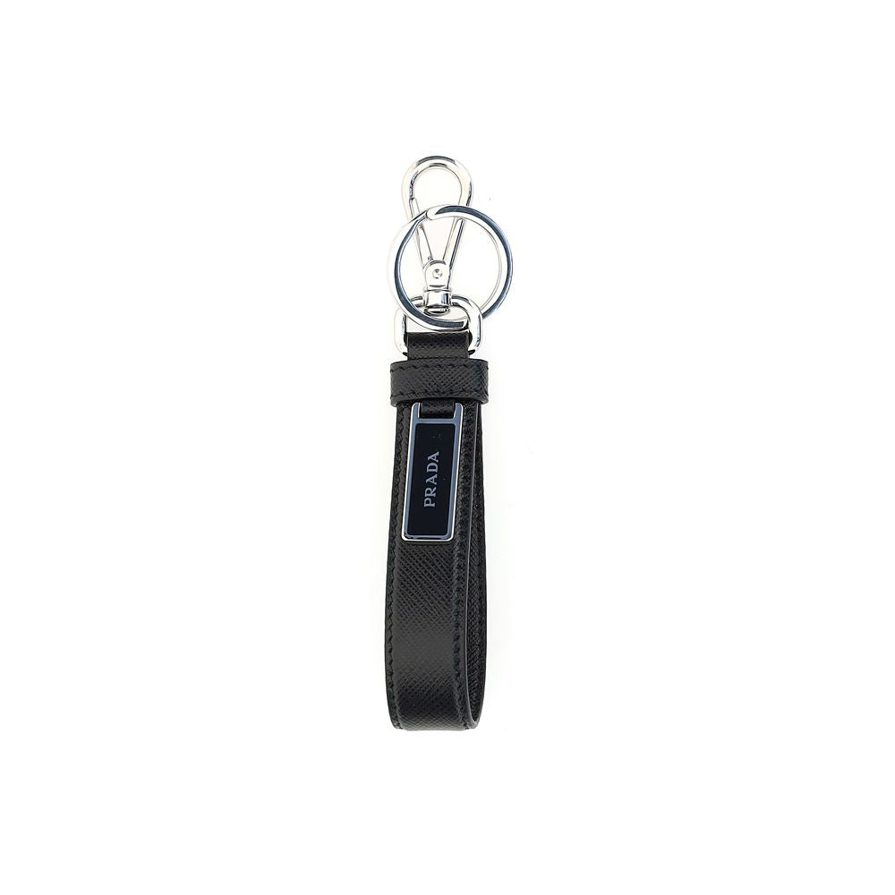 Front view of Prada black Saffiano leather keychain with triangle logo