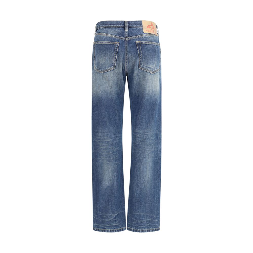 Side view of Prada blue straight leg denim jeans