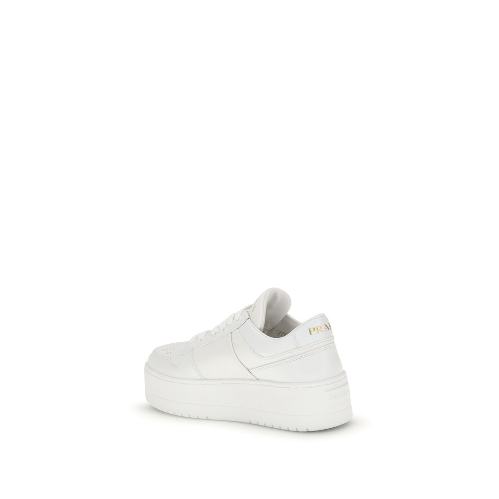 Back view of Prada white leather platform sneakers highlighting heel and design
