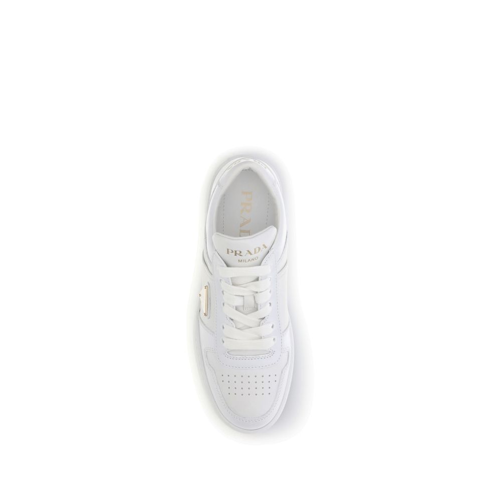 Close-up detail of Prada white leather platform sneakers luxury finish and stitching