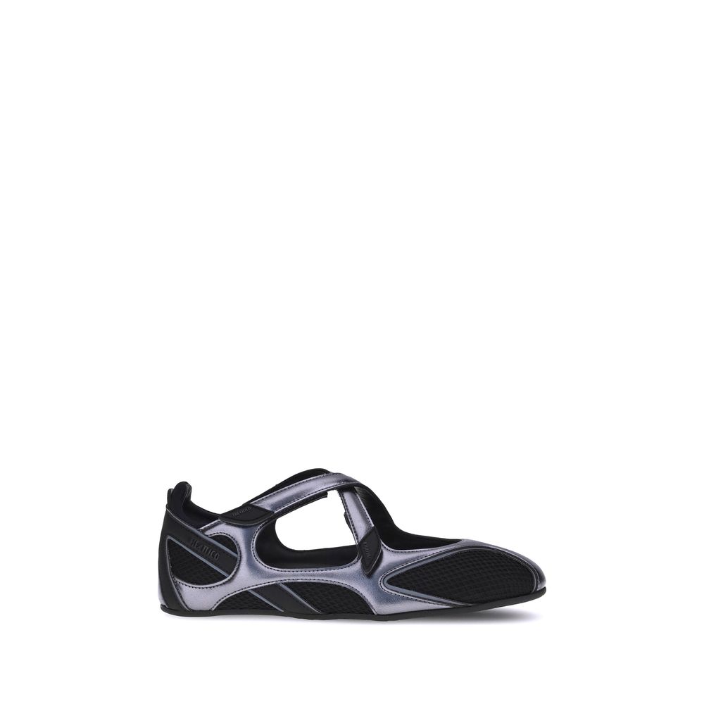 Front view of The Attico Black Nomad mesh ballet flats with crisscross straps for women