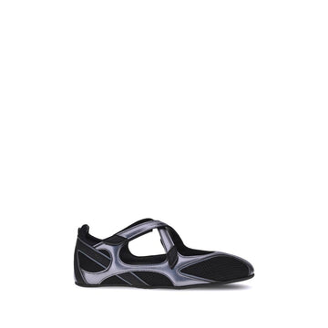 Front view of The Attico Black Nomad mesh ballet flats with crisscross straps for women