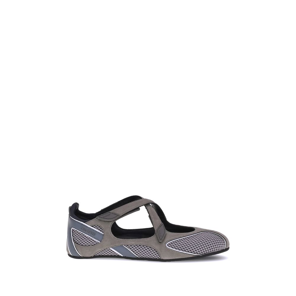 Front view of The Attico Gray Nomad mesh ballet flats with crisscross straps for women