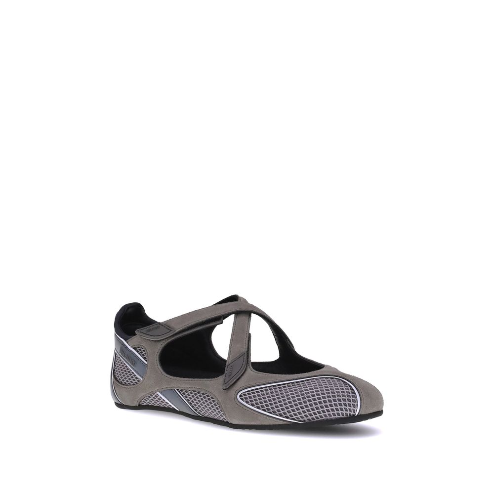 Front view of The Attico Gray Nomad mesh ballet flats with crisscross straps for women