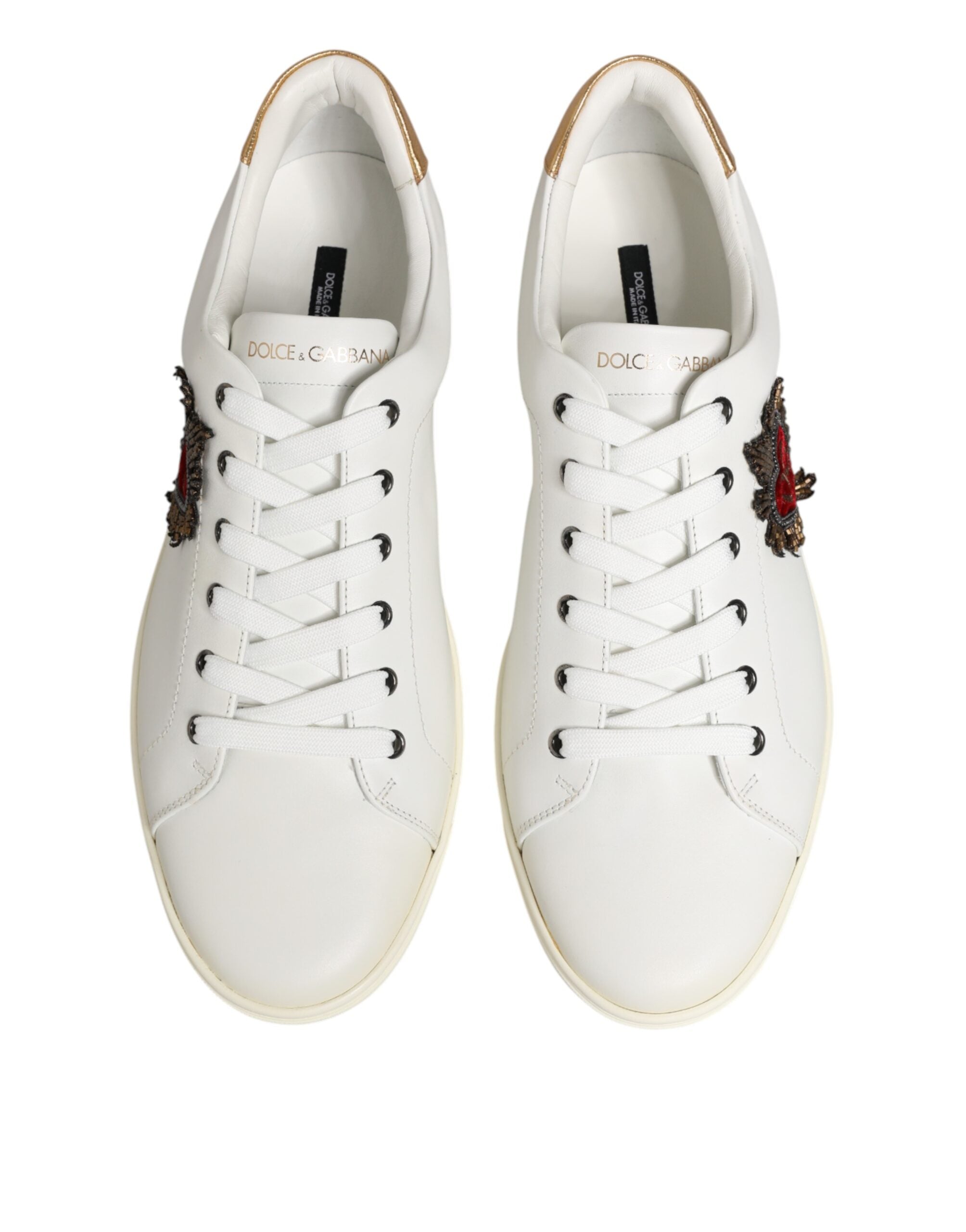 Front view of white heart embellished sneakers shoes by KILAUE
