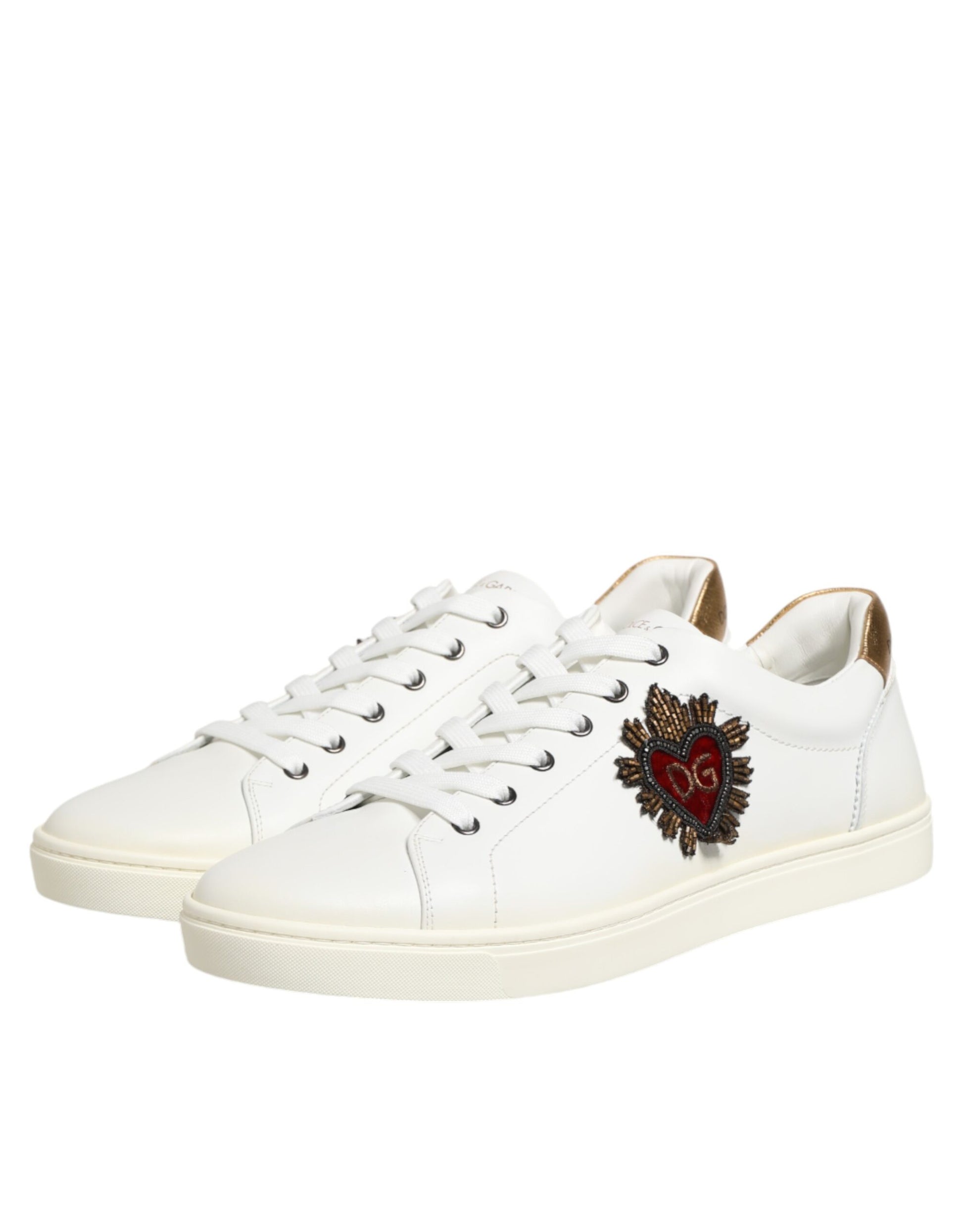 Back view of white heart embellished sneakers