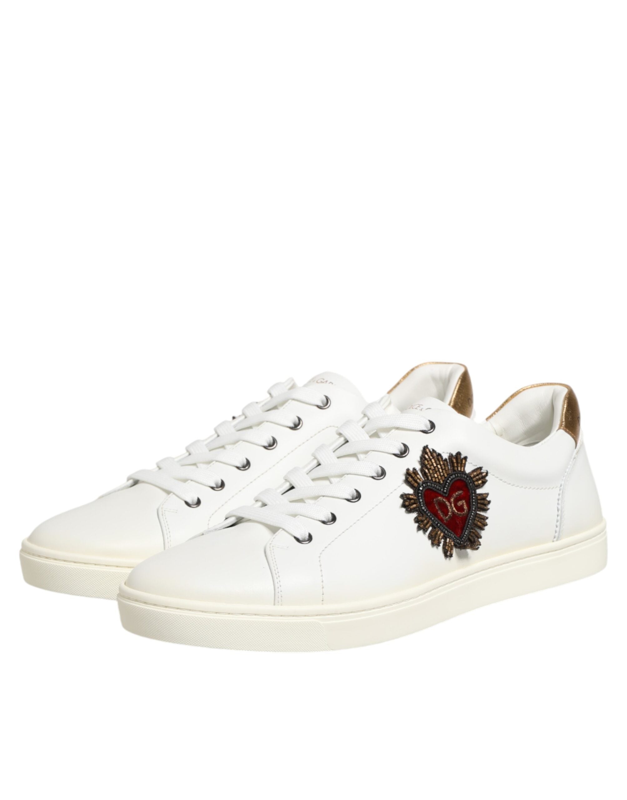Back view of white heart embellished sneakers
